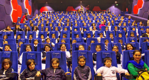 School children watching screening of movies at the auditorium