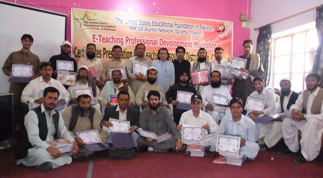 Group Photo of workshop participants with Alumnus Nazeer Ahmed after distribution of certificates at closing ceremony of E-Teaching Professional Development Workshop for male teachers on May 13th, 2014. 