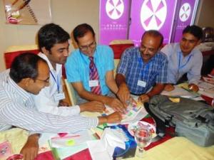 (From Left to Right) Tayyab Amin (Secondary School Teacher), Abdul Muqeem (Directorate of Staff Development Trainer), Muhammad Faheem (Master Trainer Directorate of Staff Development), Muhammad Akram (Senior Subject Specialist) and Muhammad Naseer (Headmaster, Government Elementary School Dera Bakhha) attend the second day of the workshop in Bahawalpur on October 12, 2013.