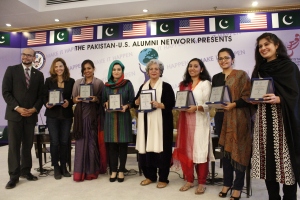 (From Left to Right) U.S Assistant Cultural Attaché Jameson Debose, Mary McBride, Sharada Jnawali, Tania Aria, Syeda Abida Hussain, Aarefa Johari and Selyna Peiris-speakers at Women Empowerment-Global Challenges, Opportunities and Success Stories panel with moderator Ayesha Fazlur Rahman