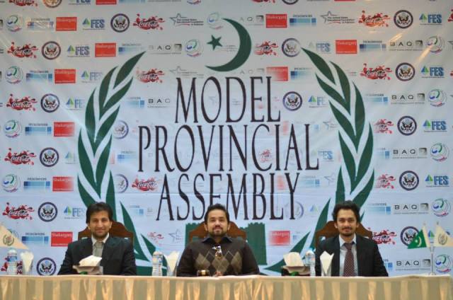 (From Left to Right) Yasir Nazar Momin co-chair Education Committee, Ahmad Ullah Qazi, SUSI Alumnus and President Model Provincial Assembly and Sajid Khan Salaar, Marketing Head, preside over Day 3 of the Model Provincial Assembly conference on Sunday, December 22, 2013. 