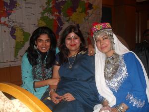 (From Left to Right) Veengas Mangi, Journalists Exchange Program from Pakistan, Bhavana Mahajan participant from India and Sadiqa Sultan participant from Pakistan attend a cultural event in Nepal on Sunday, 8 December, 2013.